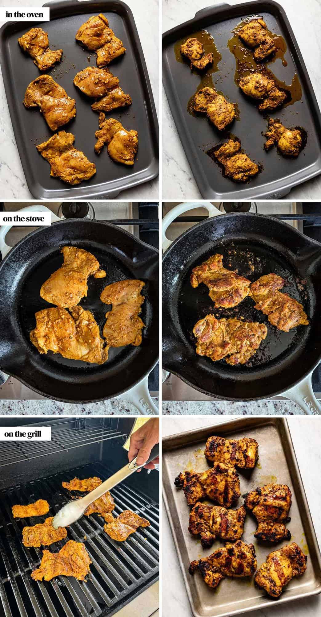 A collage of images showing how to cook shawarma chicken in the oven, on the stove and on the grill.