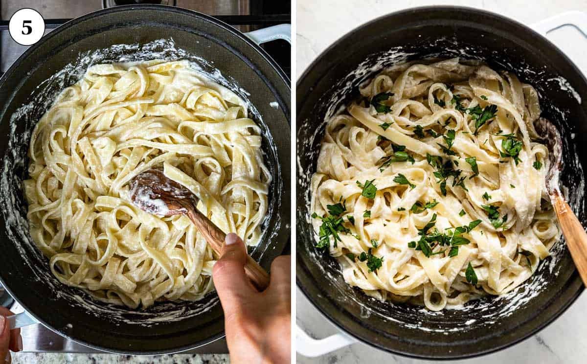 A collage of images showing cooked fettuccine being tossed in yogurt sauce and the final garnished pasta in the pot.