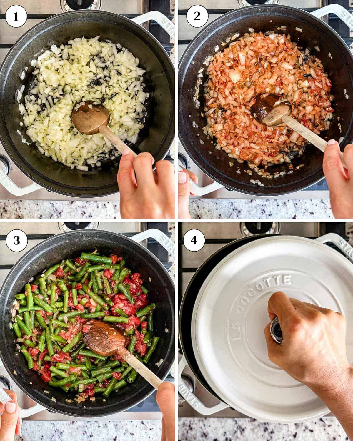 A collage of images showing how to make Turkish style green beans recipe.