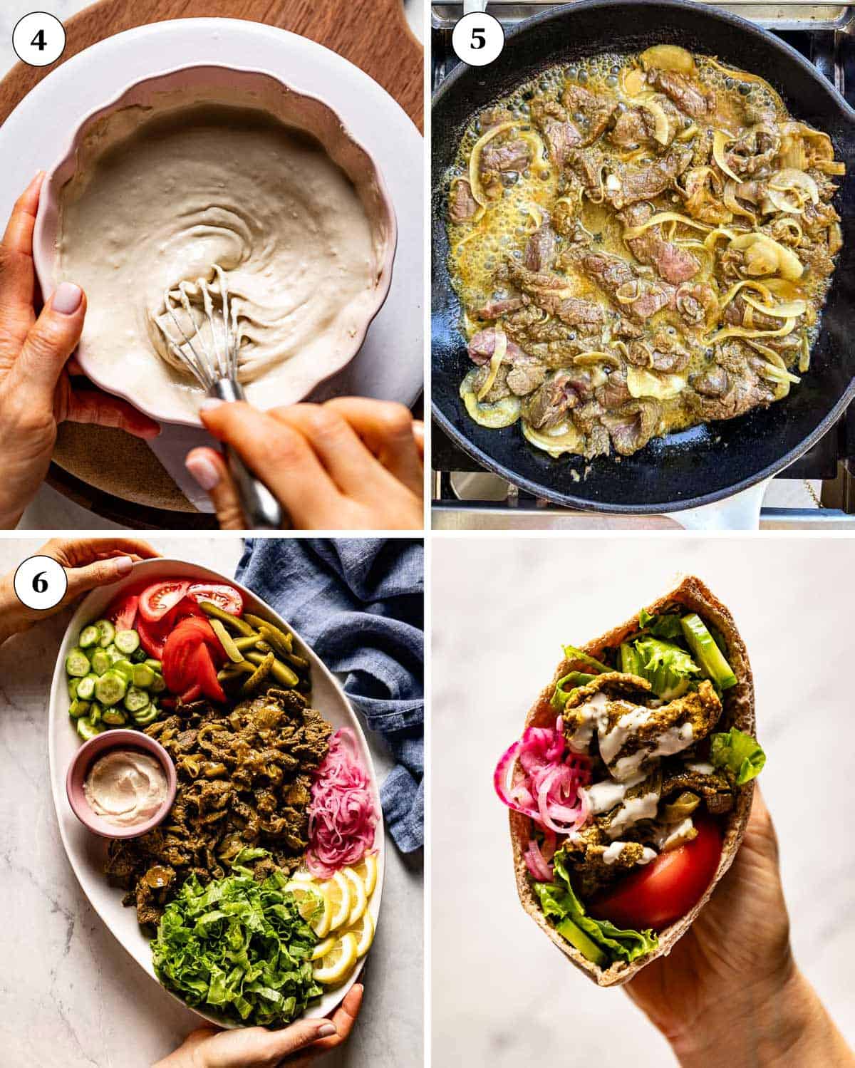 A collage of images showing how to cook and serve shawarma beef.