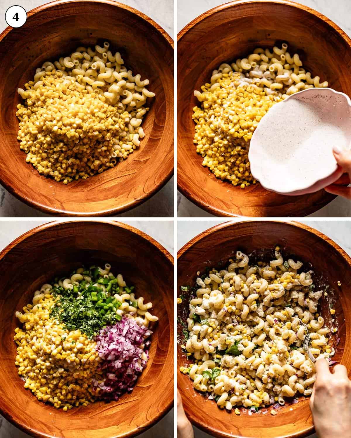 Steps showing how to assemble Mexican pasta salad with corn recipe.