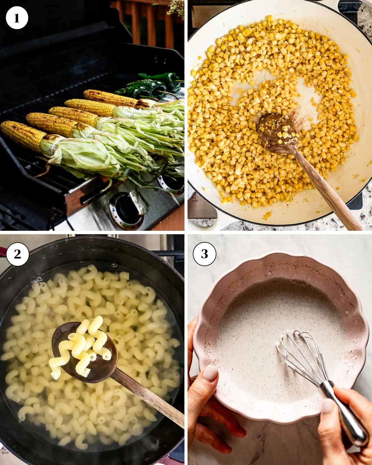 Steps showing how to make elote pasta salad.