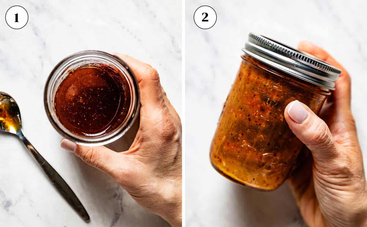 A collage of images showing how to make harissa vinaigrette.