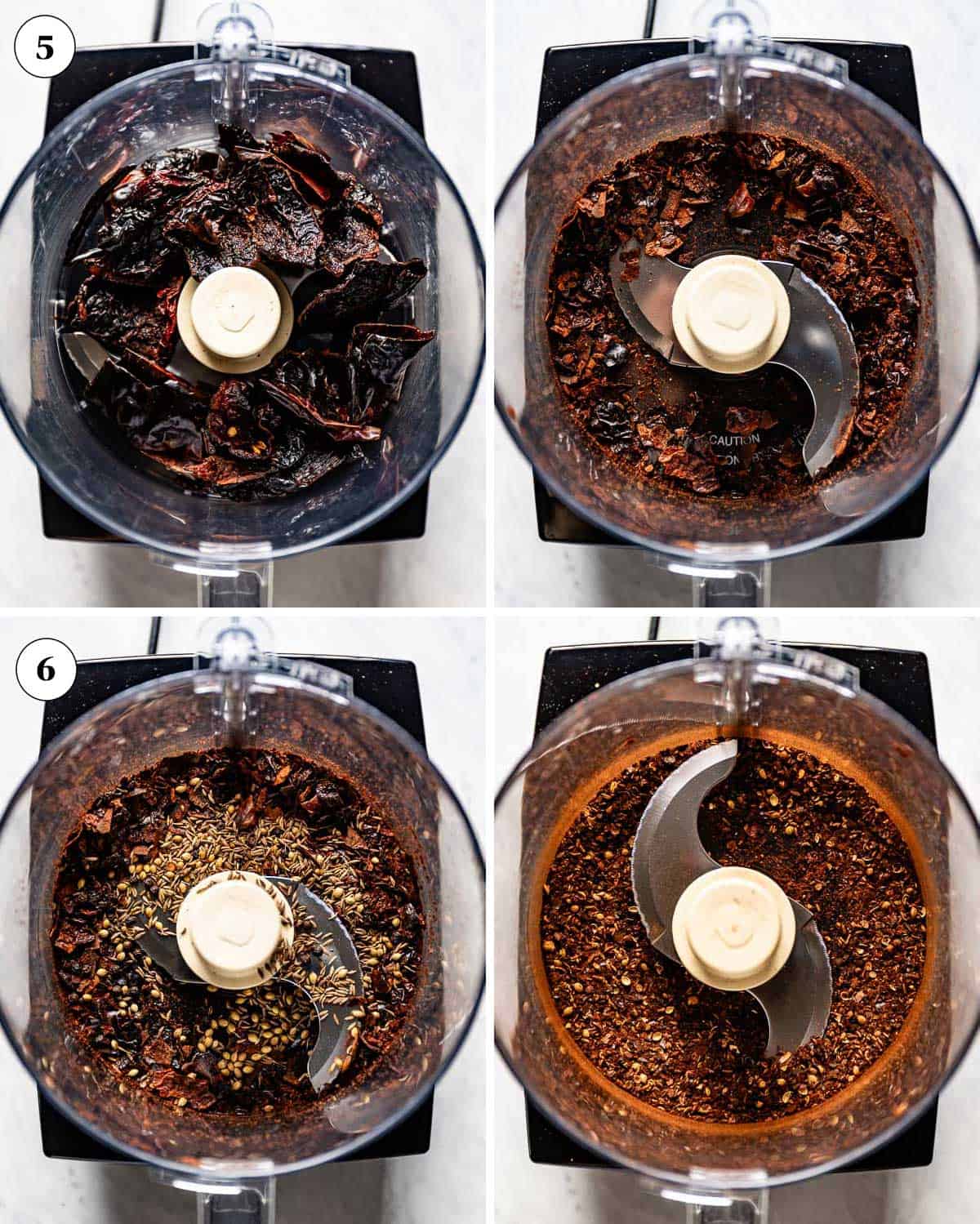 A collage of images showing how to make harissa spice mix in a food processor.