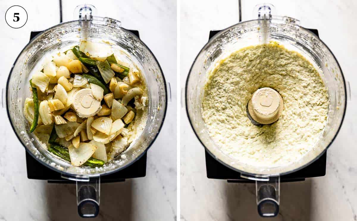 A food processor filled with feta, jalapeno, garlic and onion, before and after it is whipped.