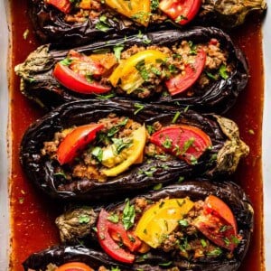 Turkish stuffed eggplant from the top view.