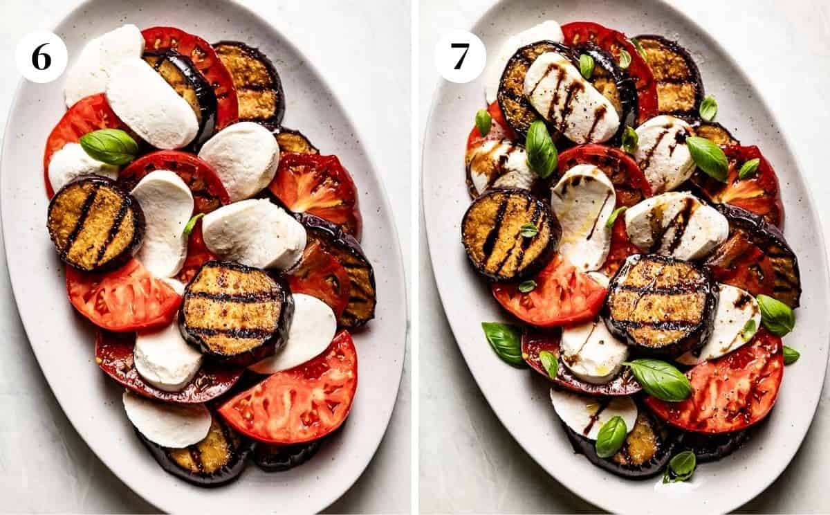 A collage of images showing how to assemble the caprese with eggplant and tomatoes.