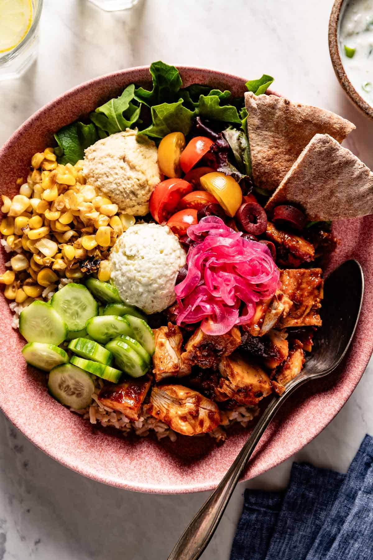 Homemade CAVA bowl from the top view.