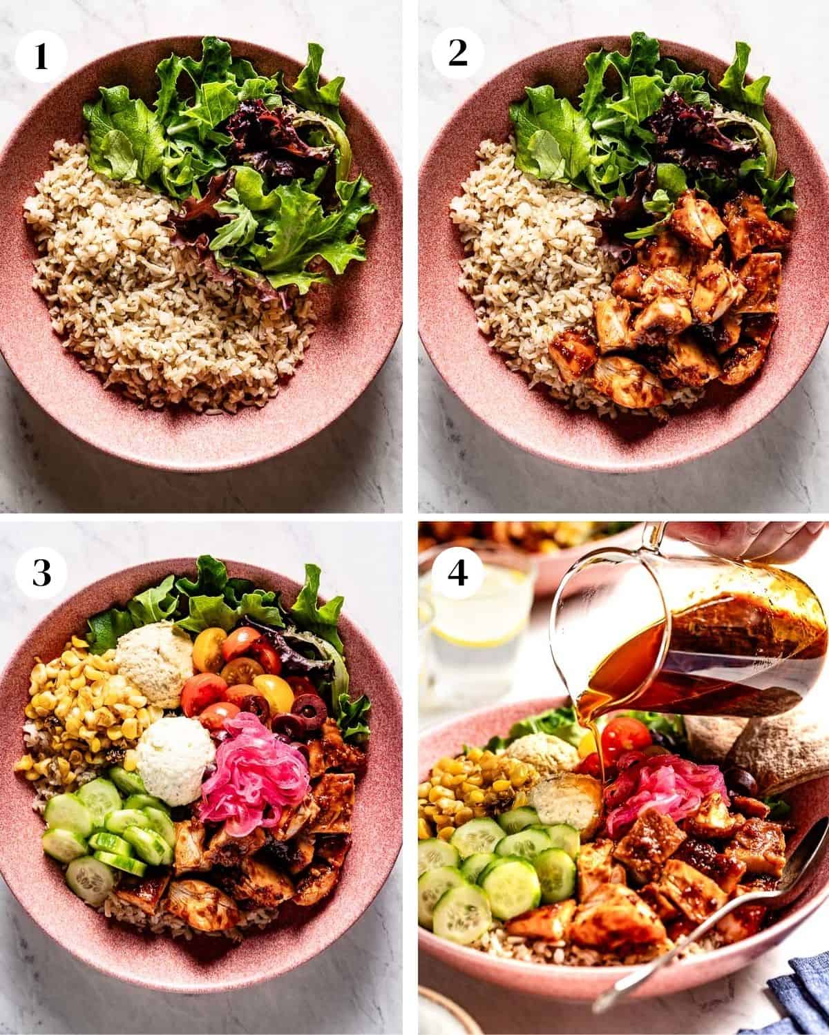 Photos showing how to assemble CAVA chicken bowls.