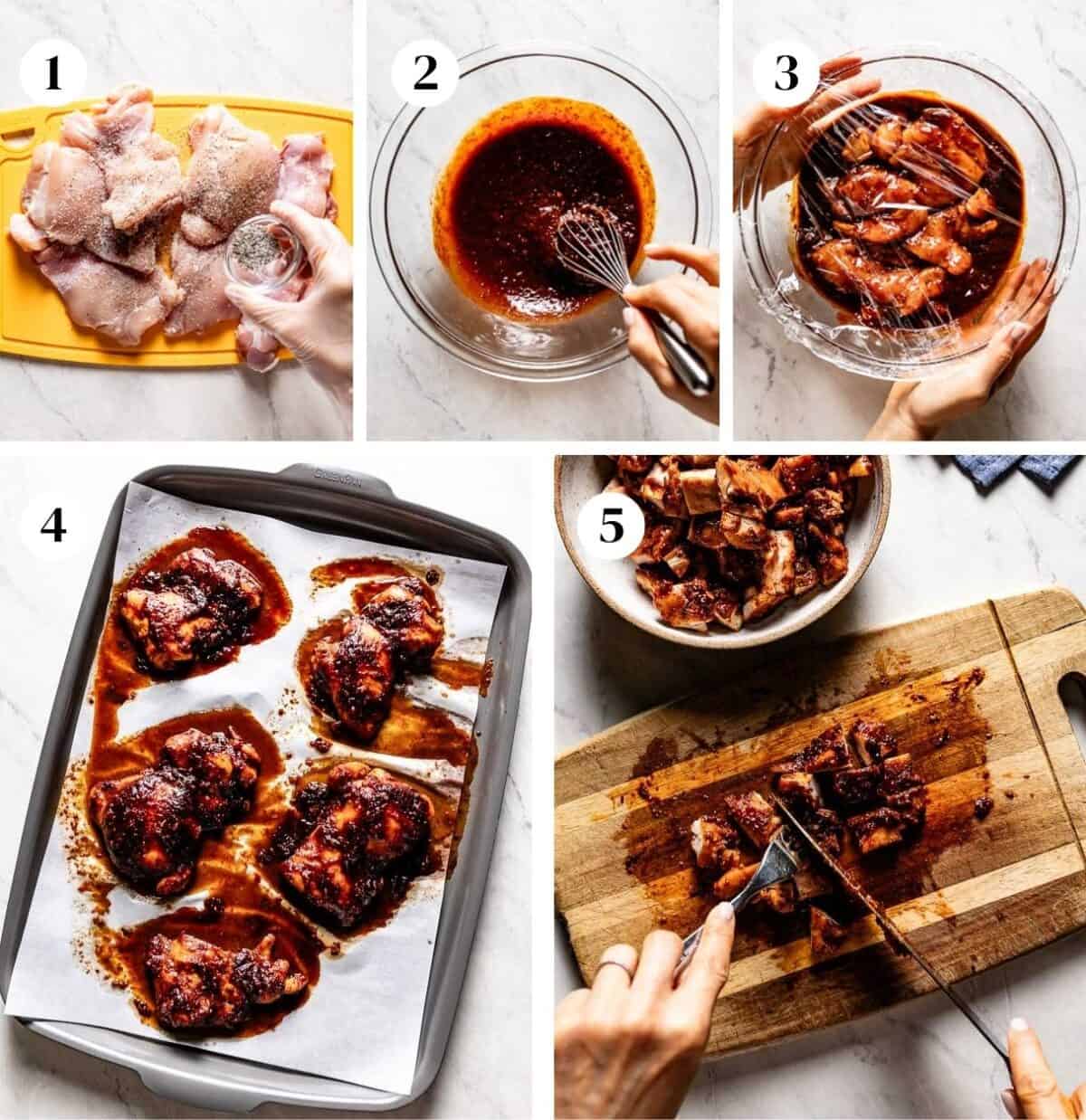 A collage of images showing how to make CAVA harissa honey chicken.