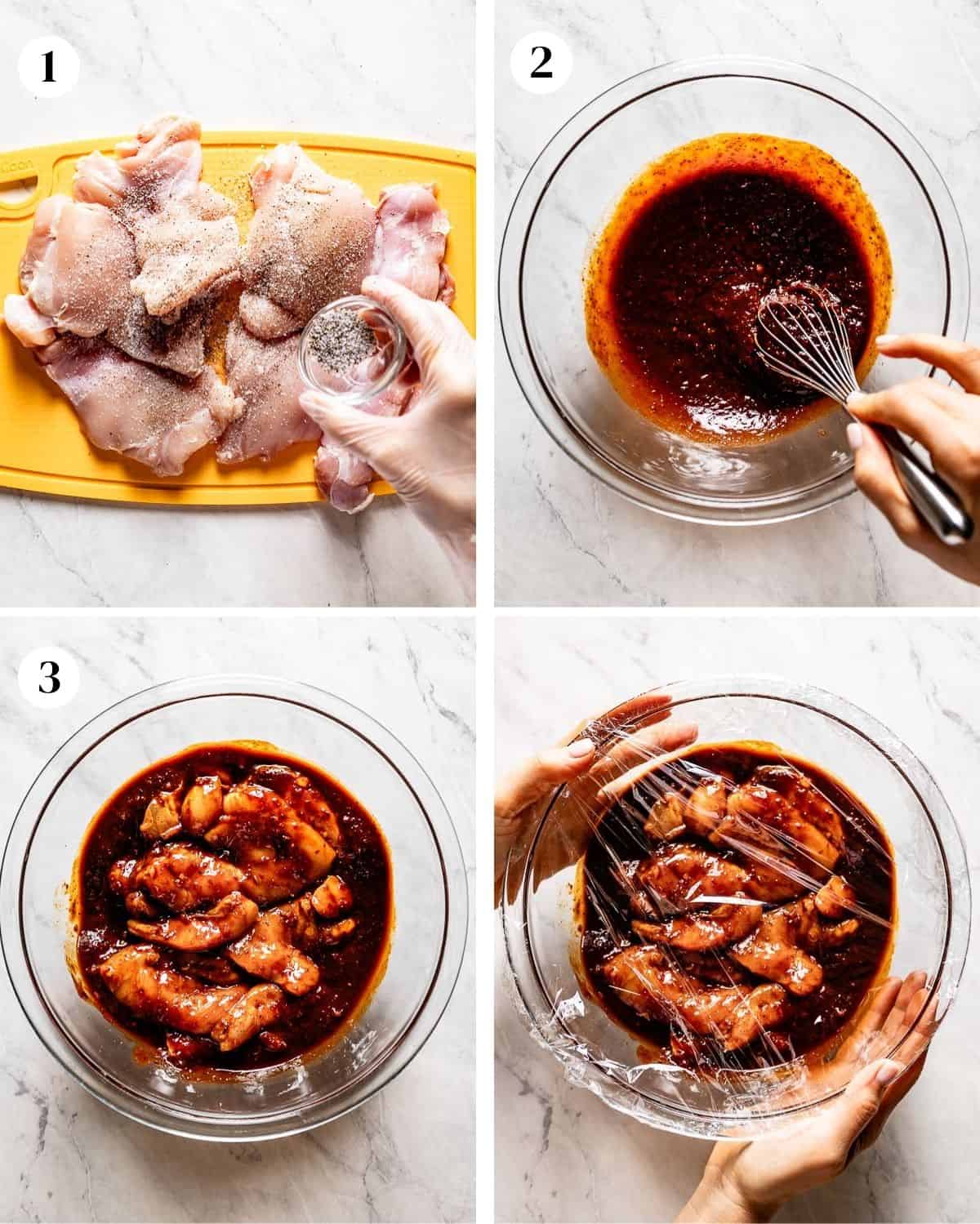 A collage of images showing how to prep harissa chicken marinade.