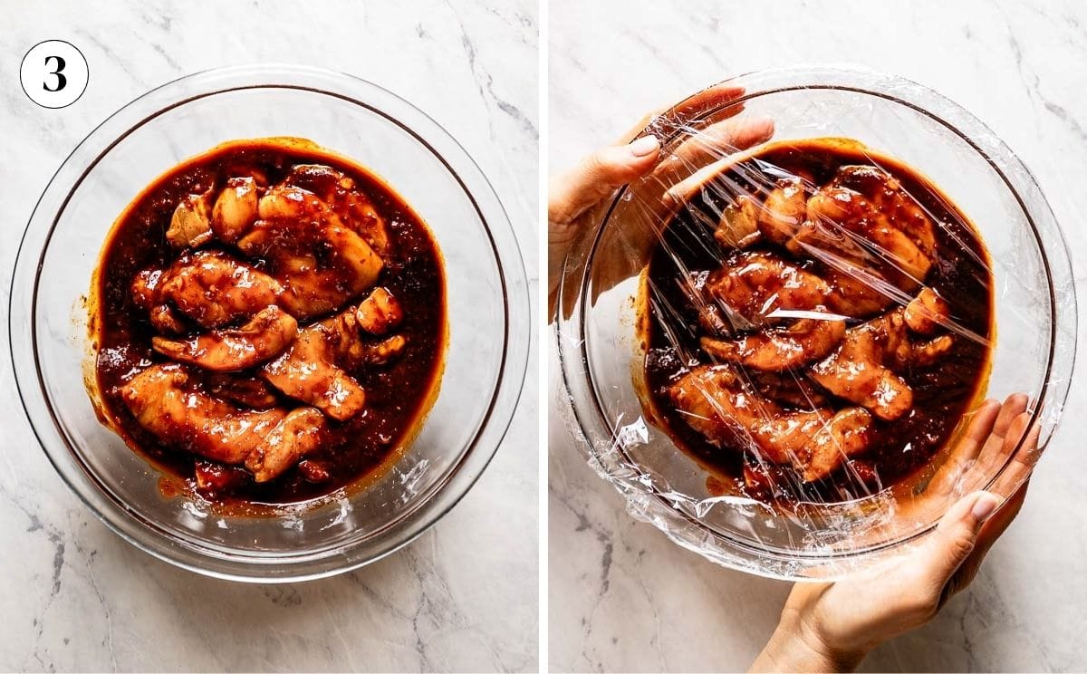 Two images showing chicken placed in the marinade and covered with plastic wrap before placed in the fridgre to marinate.