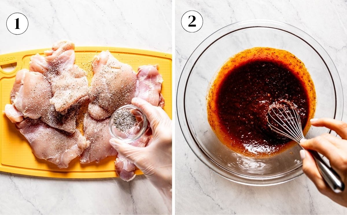 A collage of images showing a person seasoning the chicken and preparing the harissa honey marinade.