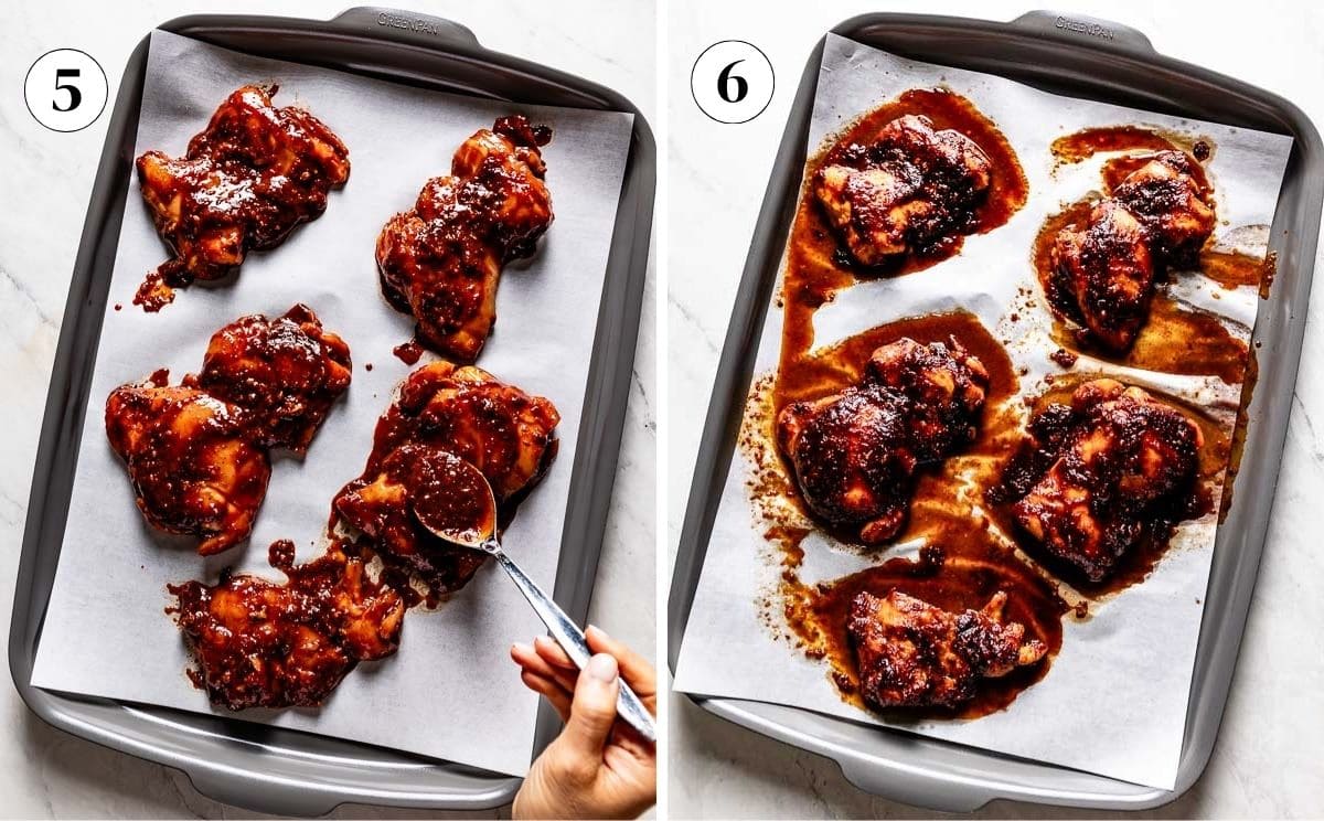Harissa honey chicken thighs placed on a sheet pan before and after they are cooked in the oven.