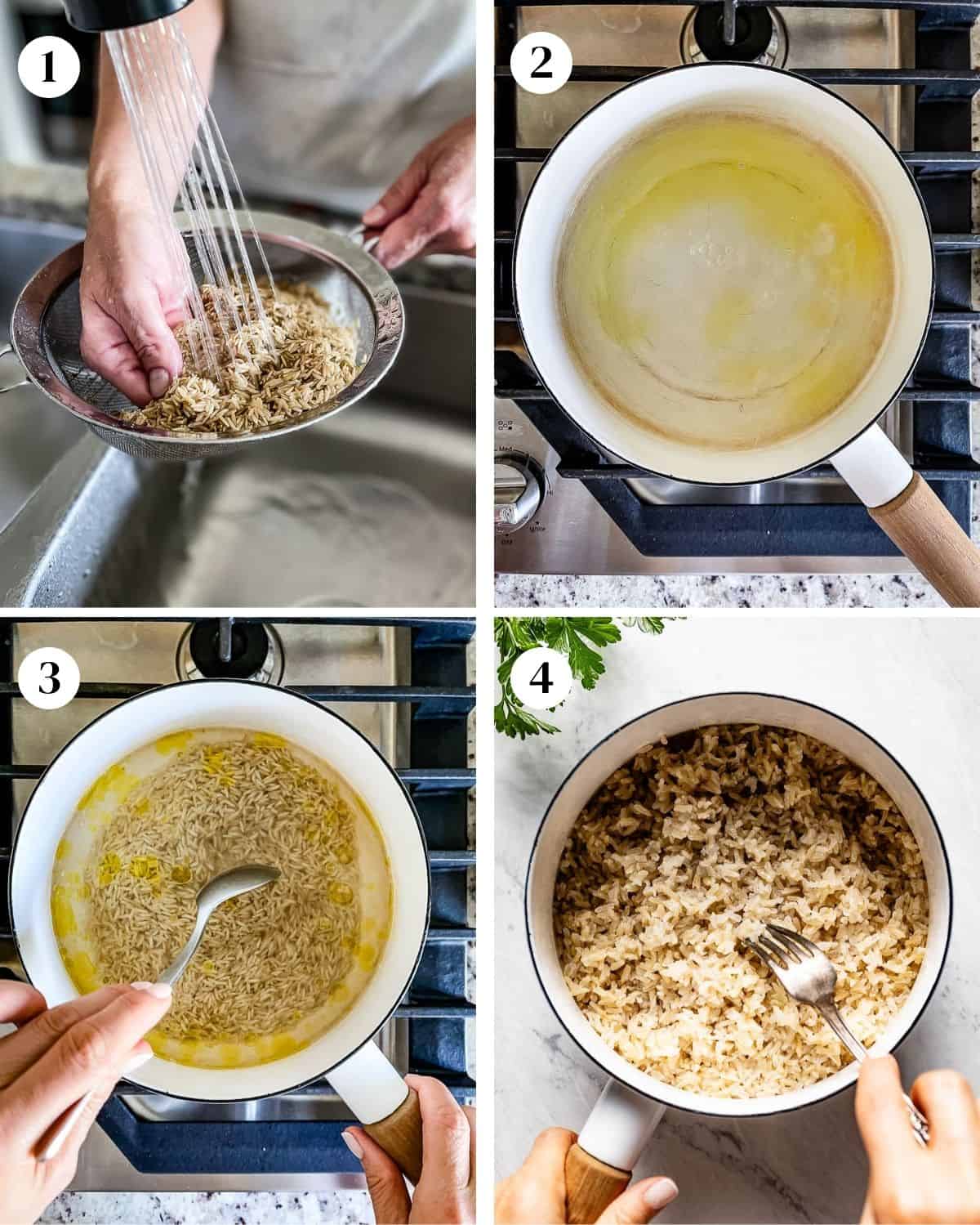 A collage of images showing how to cook rice for CAVA bowls.