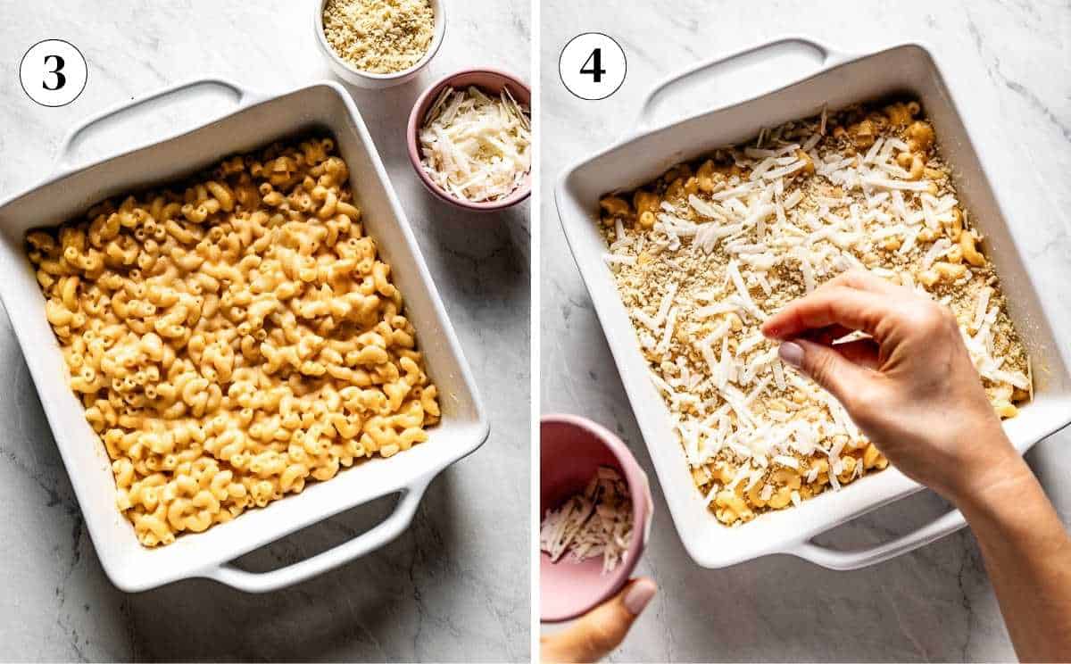A collage of baked cottage cheese mac and cheese being assembled in baking dish.