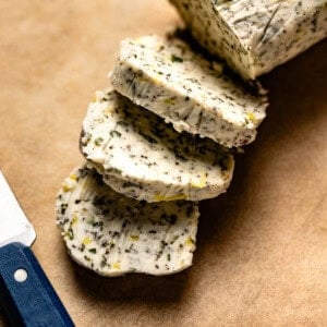 Thanksgiving butter with herbs sliced.