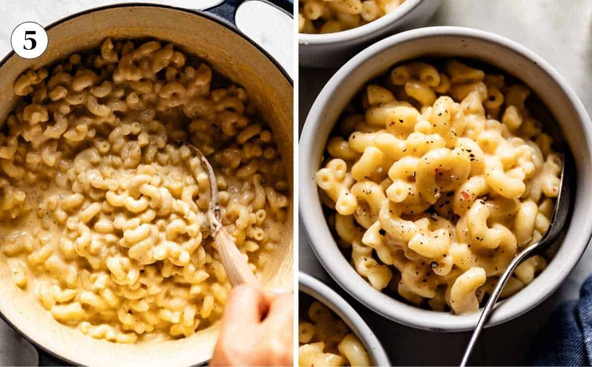 Two photos with the creamy cottage cheese mac and cheese, with the pasta fully coated in sauce in the pot and served in a bowl.