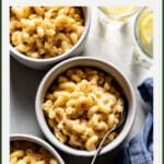 Protein mac and cheese recipe in bowls with text on the image.