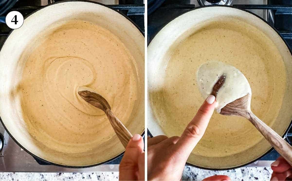 Side-by-side view of cottage cheese sauce thickening in a pot.