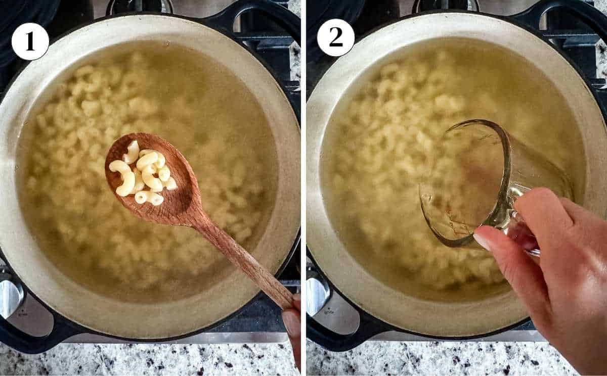 Side-by-side, top-down view of elbow macaroni cooking in salted water, with a wooden spoon lifting noodles on one side and a hand reserving pasta water with a measuring cup on the other.