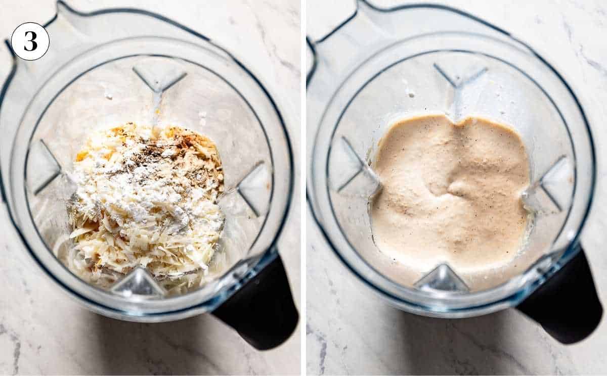 A collage of two photos showing the view of cottage cheese sauce before and after blending.
