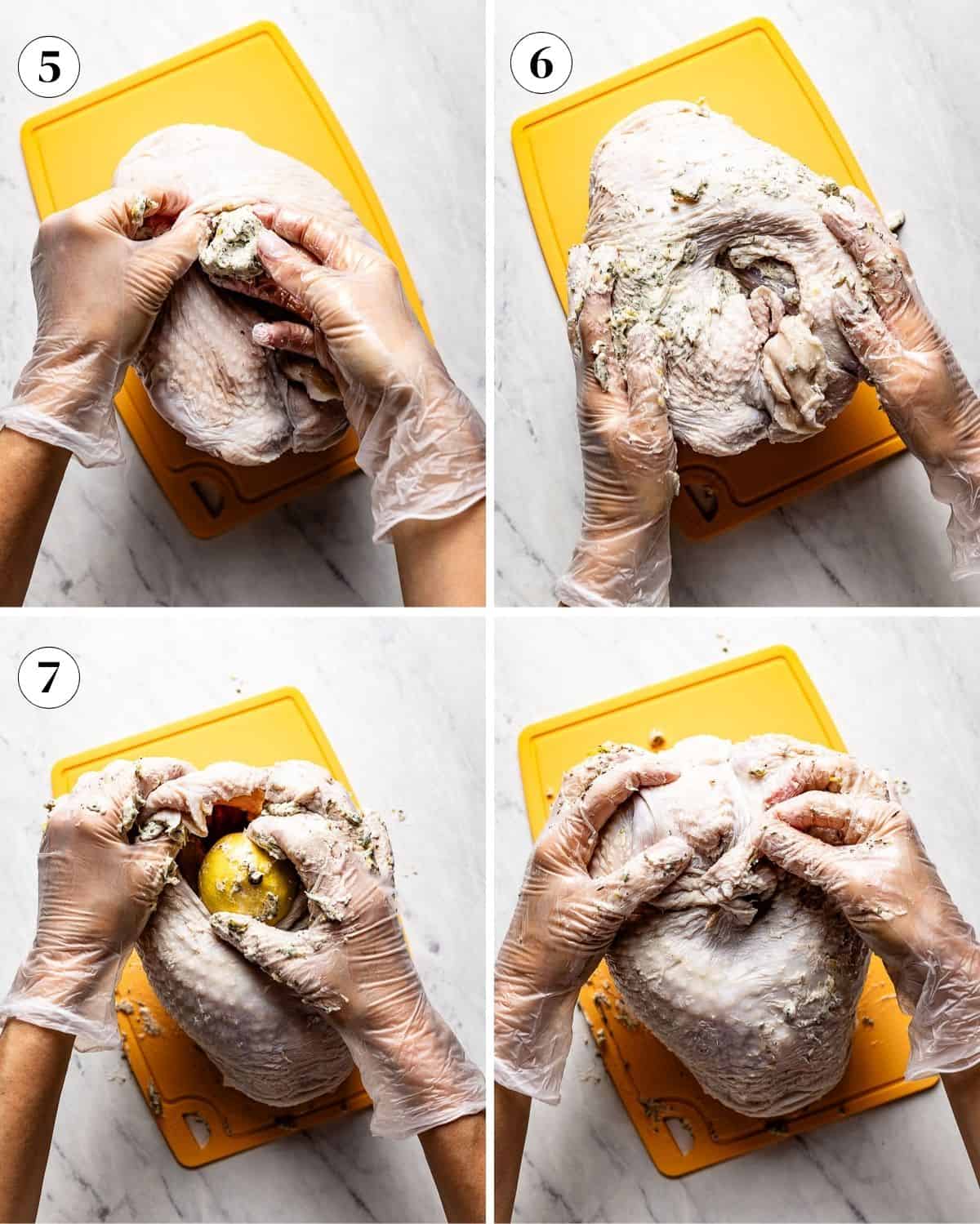 Person showing how to spread butter over and under the skin of turkey breast.