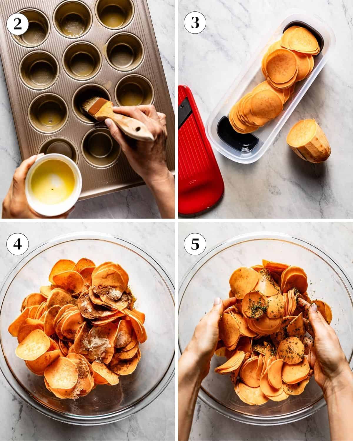 A collage of images showing how to prepare sweet potatoes to bake in a muffin pan.