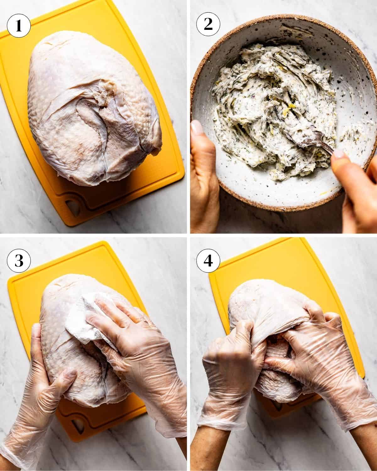 A collage of images showing how to prepare turkey breast (and seasoning) for roasting.