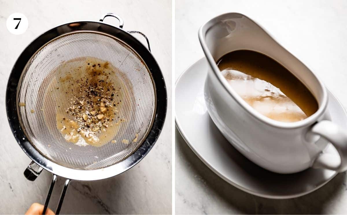 Images showing gravy strained and in a gravy boat.