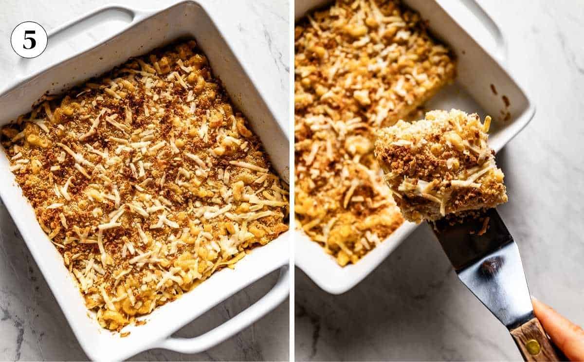 Side-by-side view of freshly baked cottage cheese mac and cheese and a square portion being lifted out with a spatula on the right.