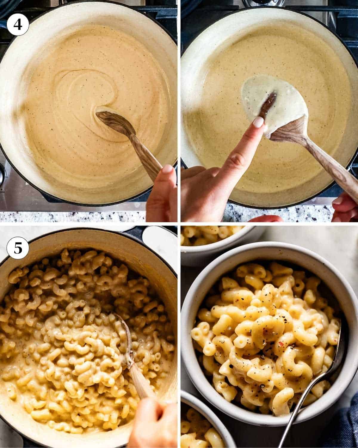 A collage of images showing how to cook mac n cheese with cottage cheese sauce.