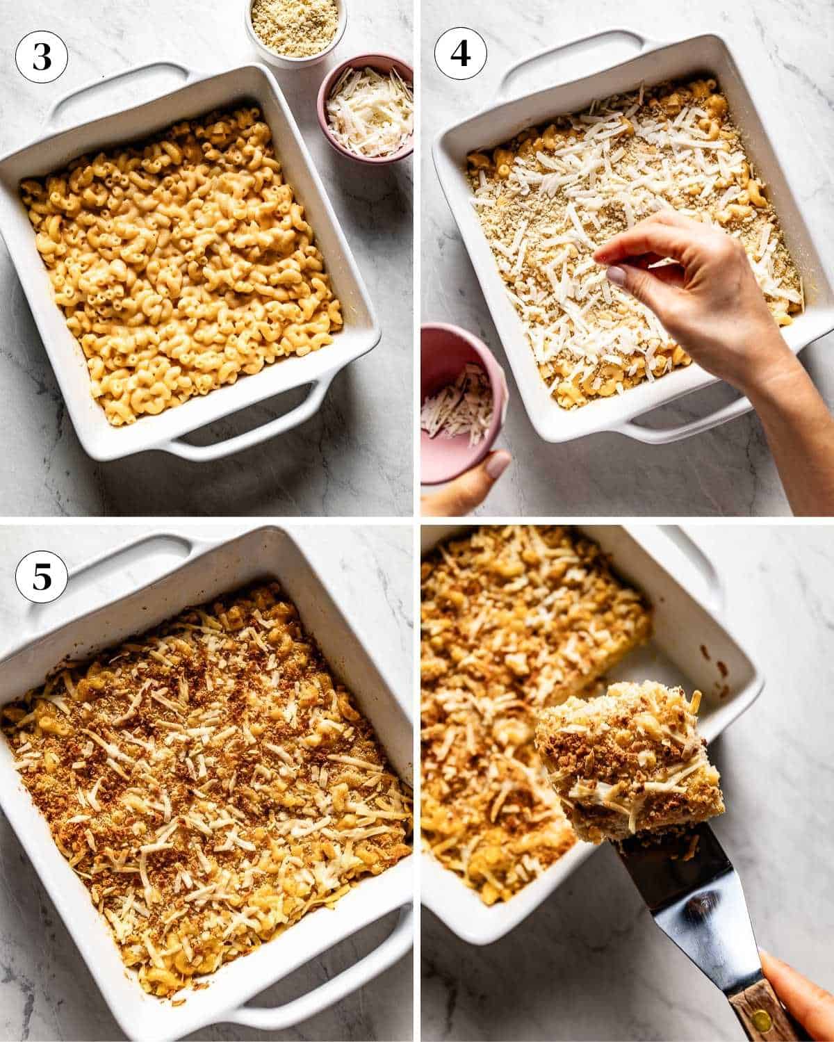 A collage of images showing how to make baked mac and cheese cottage cheese.