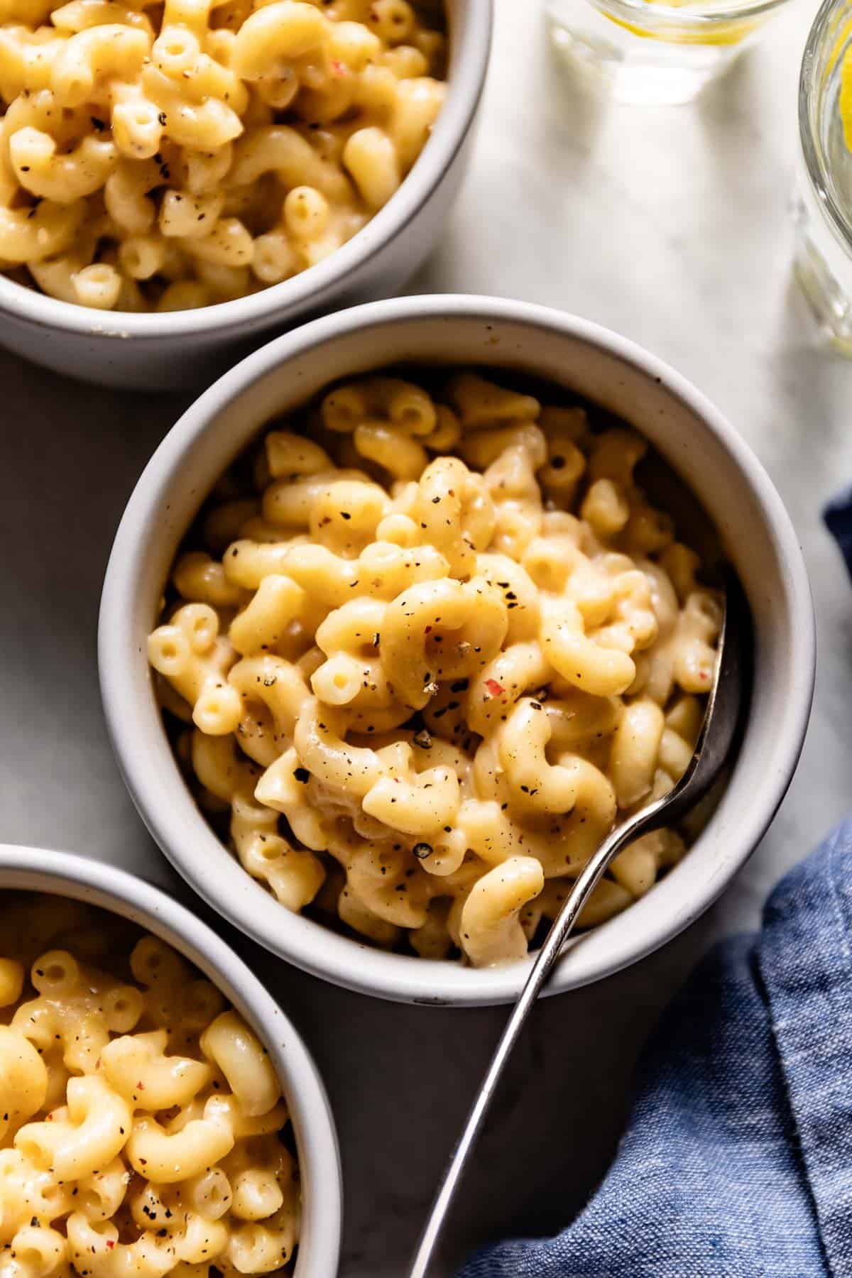 Cottage cheese macaroni and cheese in a bowl from the top view.