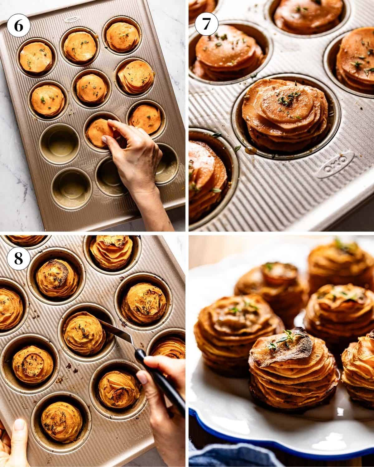 A collage of images showing how to make sweet potato stackers recipe.