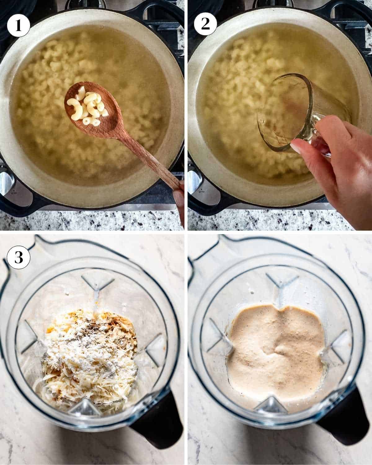 Steps showing how to cook pasta and make the cottage cheese mac and cheese sauce in a blender.