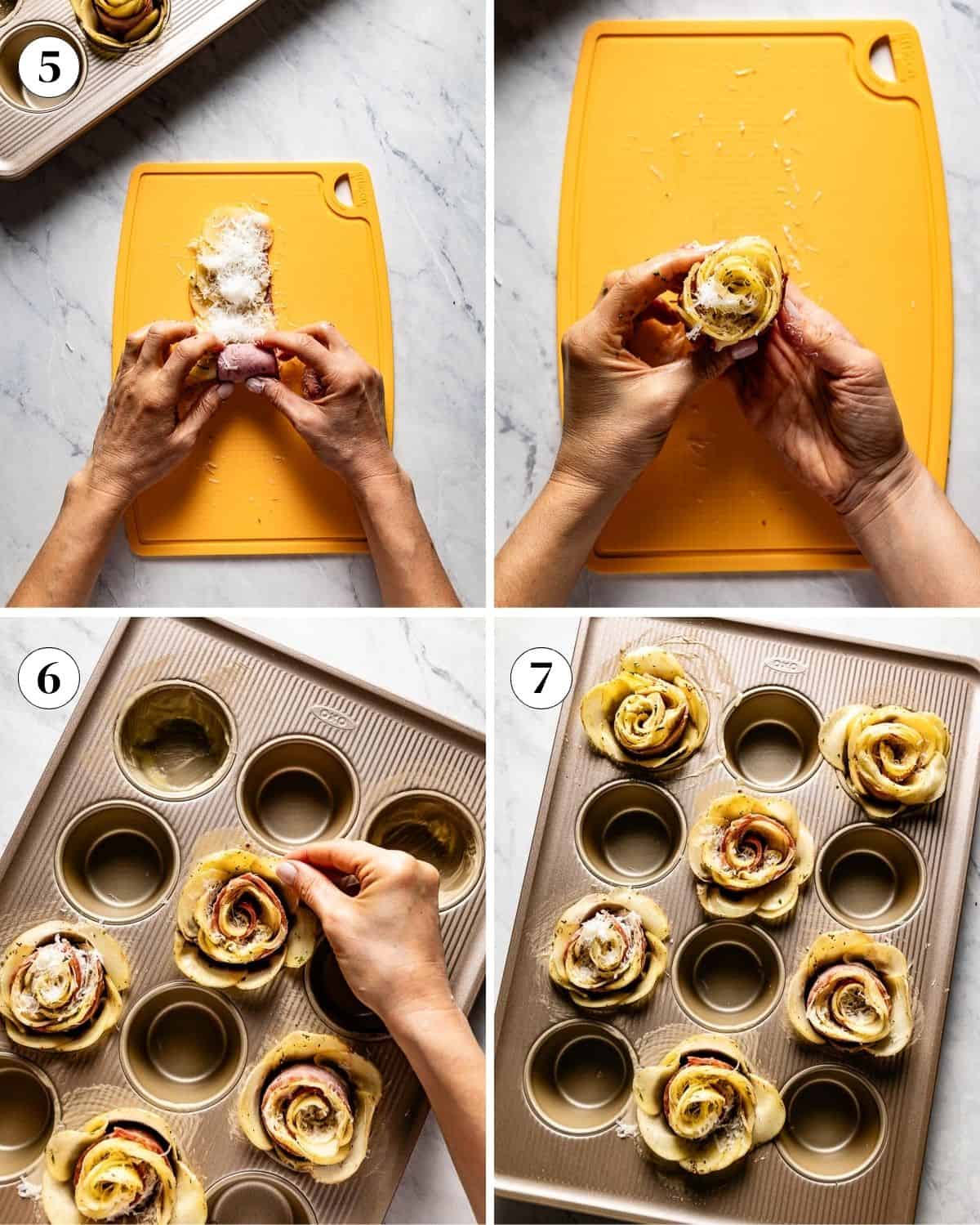 A collage of images showing how to make potato rosettes.