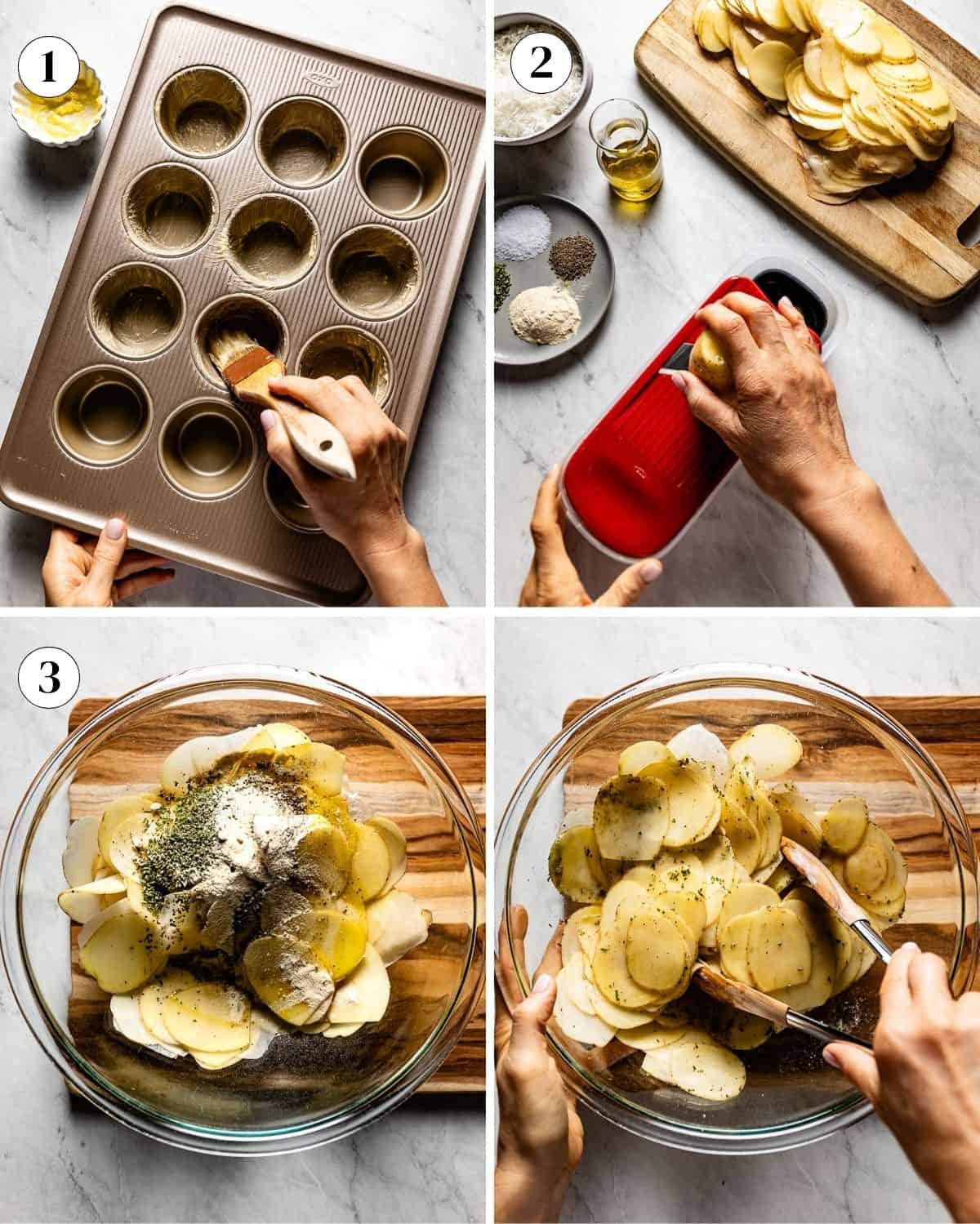 Person showing how to prepare potatoes to make this recipe in a collage of photos.