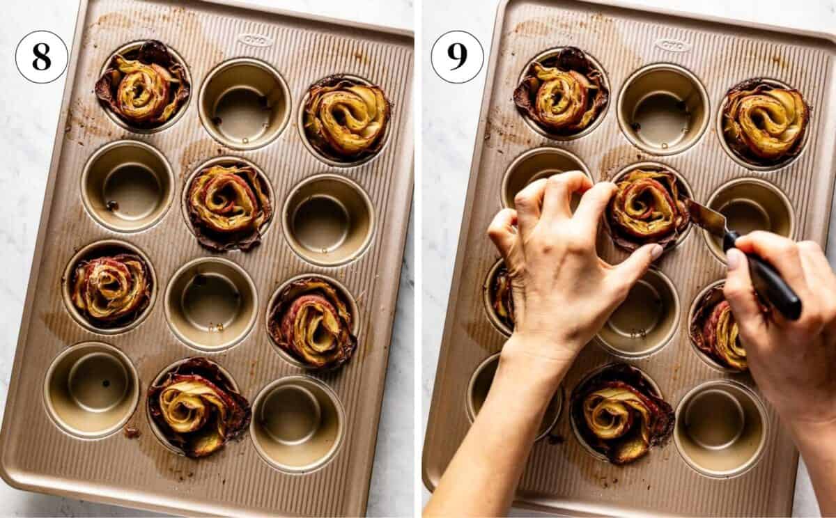 Person showing how to remove potato roses from the muffin tin.