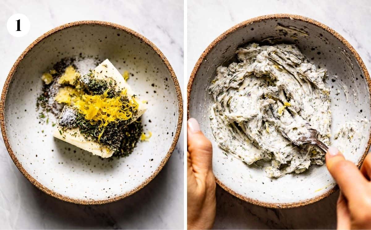 A collage of images showing how to make butter seasoning for turkey.