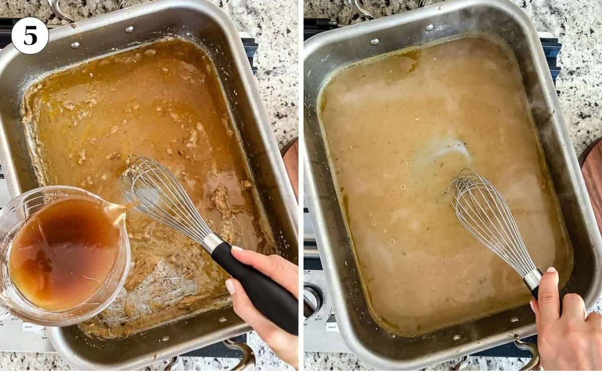 Whisking turkey drippings and stock into the roux until the gravy turns smooth and thick.