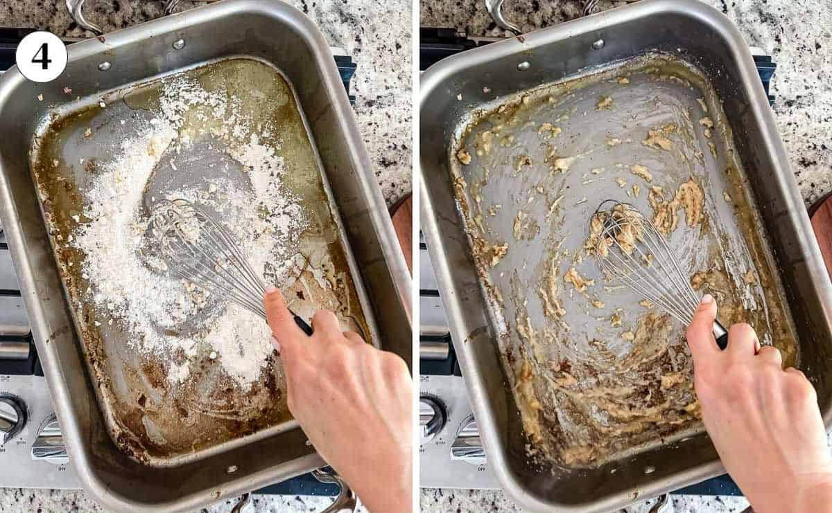 A person is whisking flour into melted butter in the turkey roasting pan until it turns lightly golden.