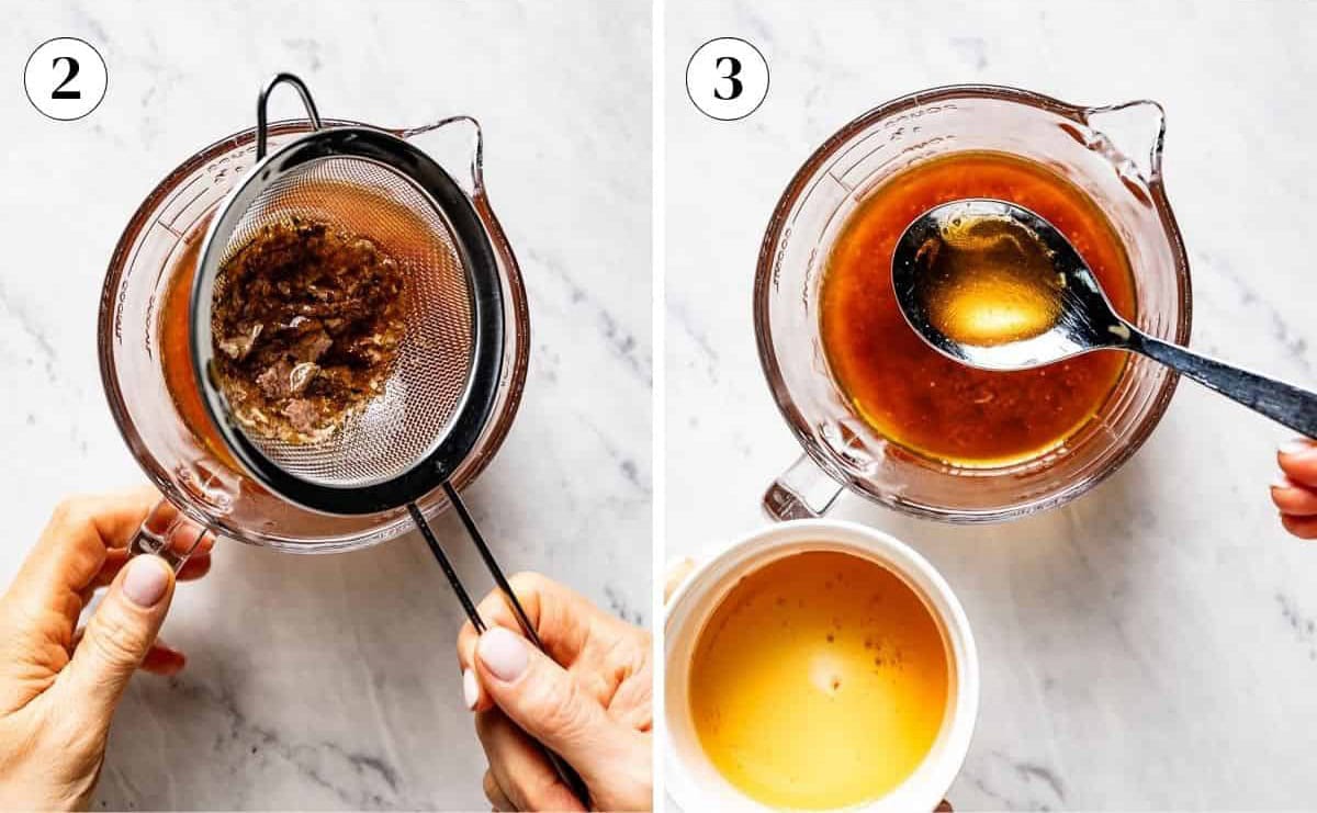 A person straining turkey drippings into a measuring cup, then spooning off the fat.
