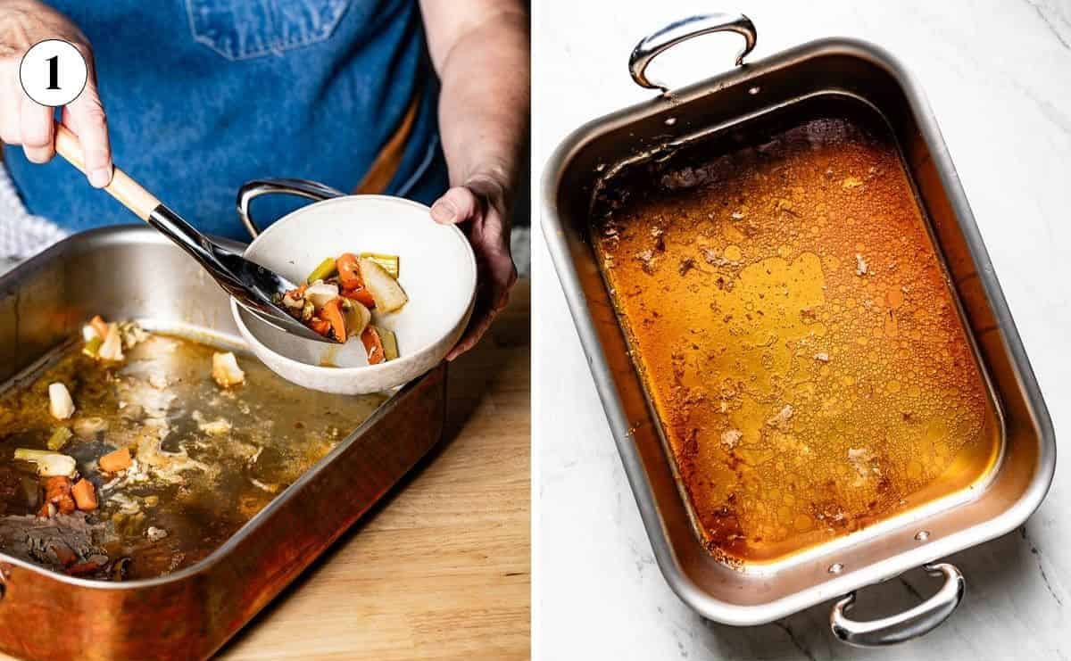 Removing roasted vegetables from the turkey roasting pan, leaving the pan drippings for gravy.