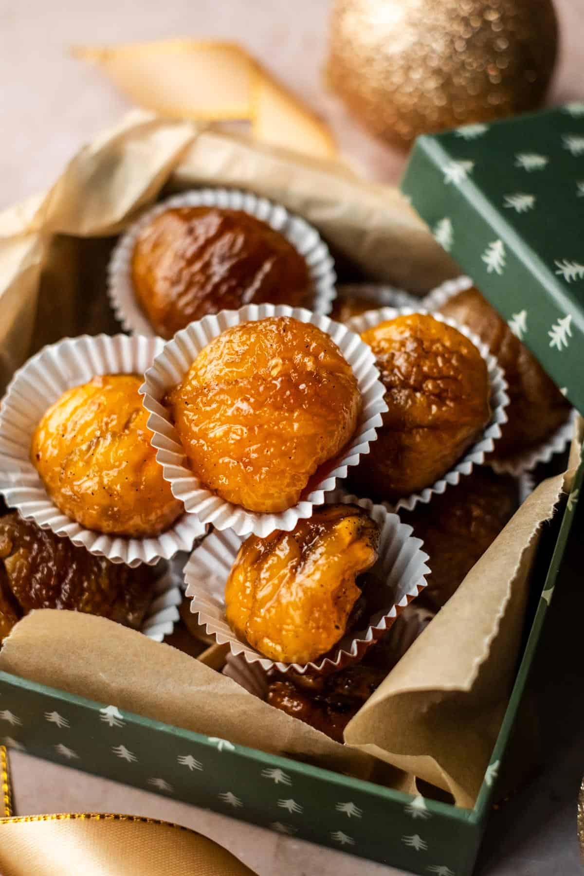 Candied chestnuts in a gift box.