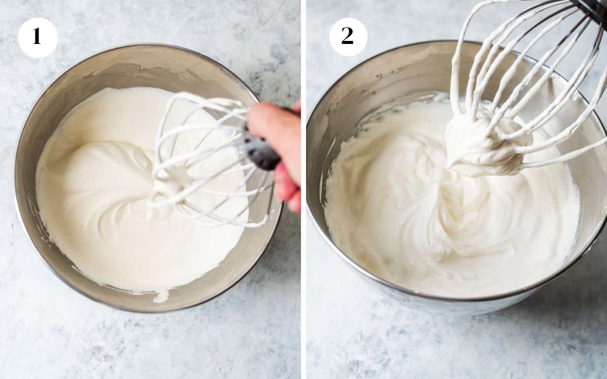 A collage of images showing how to make whipped cream.