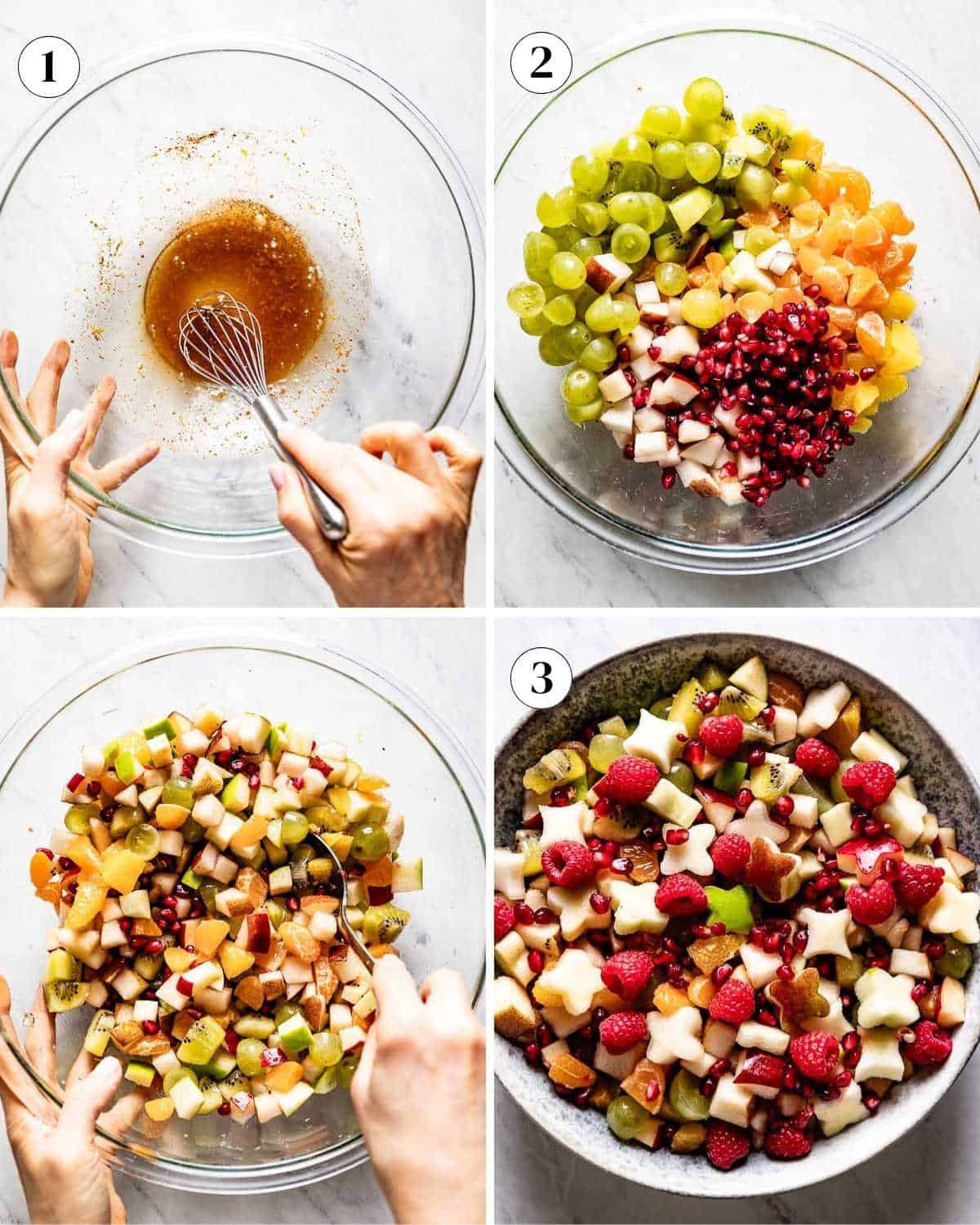 A collage of images showing how to make fruit bowl for Christmas.