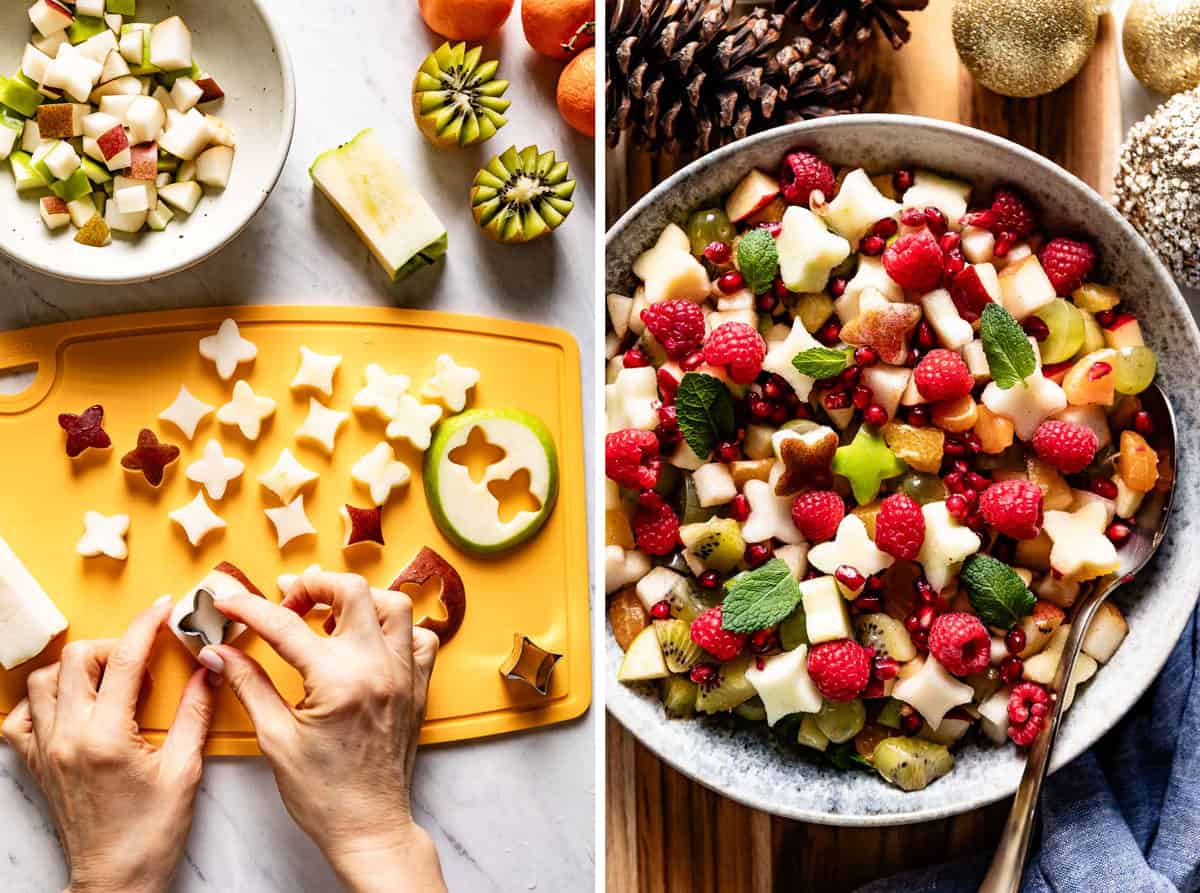 A collage of images showing cutting of the fruit using cookie cutters and the finished dish.