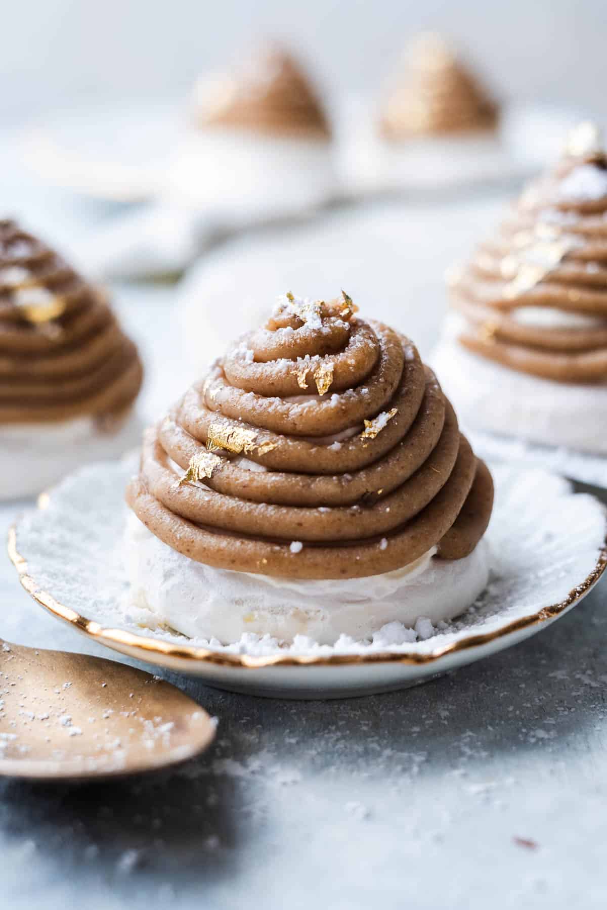 Chestnut mont blanc on a plate from the front view.