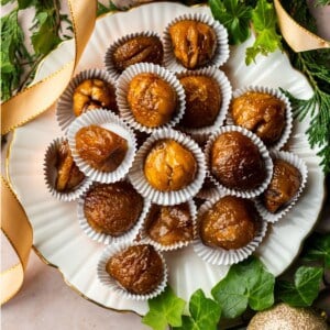 Marron Glace (Candied chestnuts) on a plate from the top view.